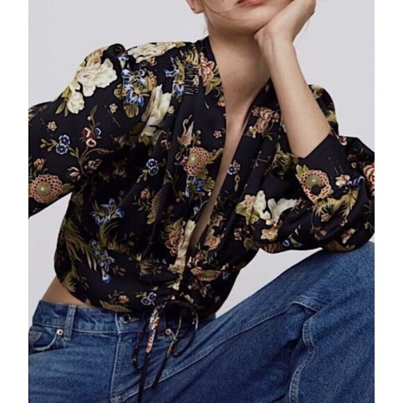 Zara Cinched Floral Crop V Neck Top Women‎ Black S Side Zip Boho Fairy - Picture 4 of 7